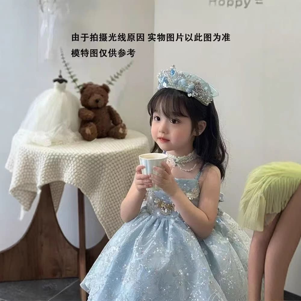 Girls 2025 Summer Elsa Suspender Dress Baby Birthday Style Princess Dress Children's Children's Day Puffy Performance Dress