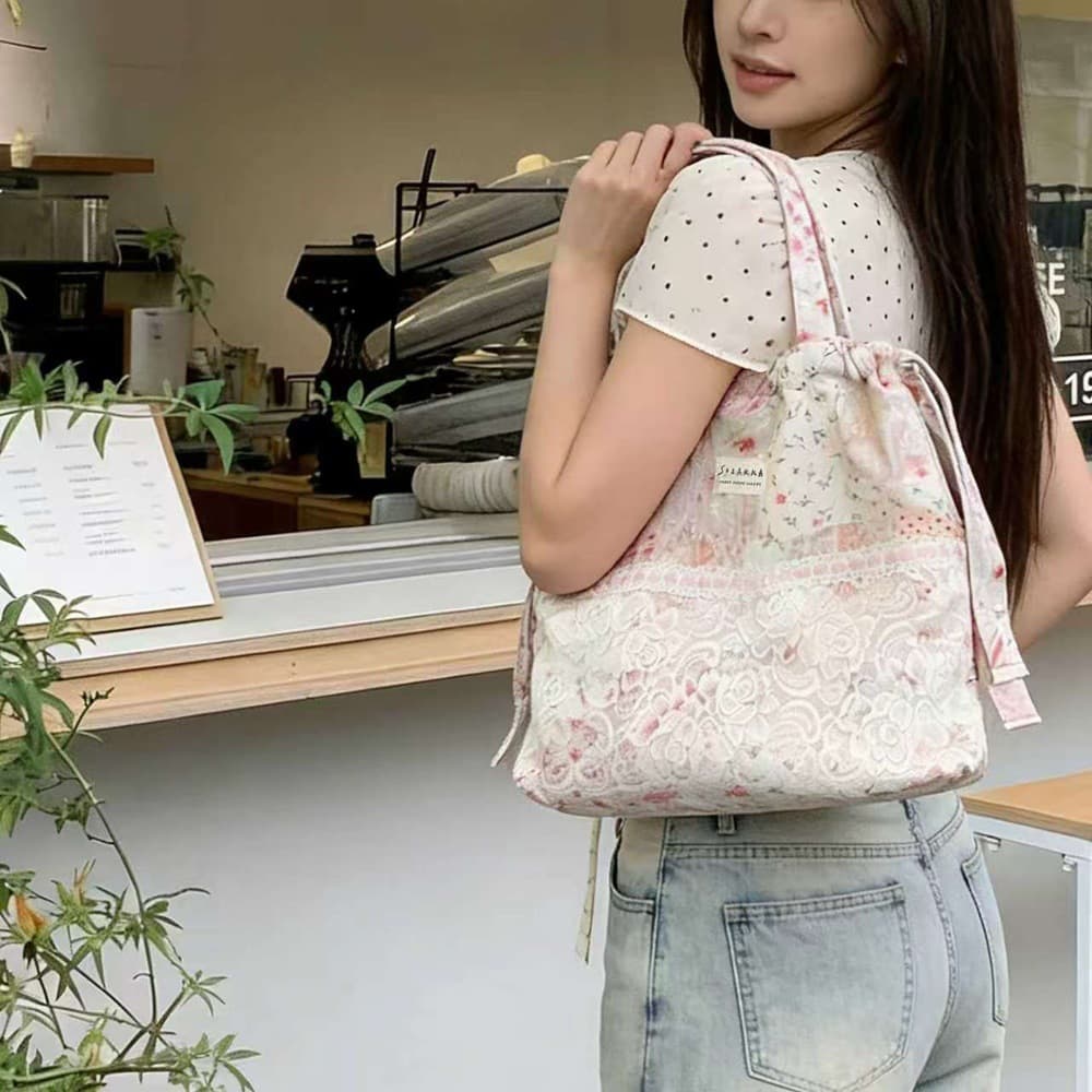 63305 French Gentle Style Lace Floral Tote Bag for Women Spring Summer Drawstring Shoulder Bag Student Commuter Handbag