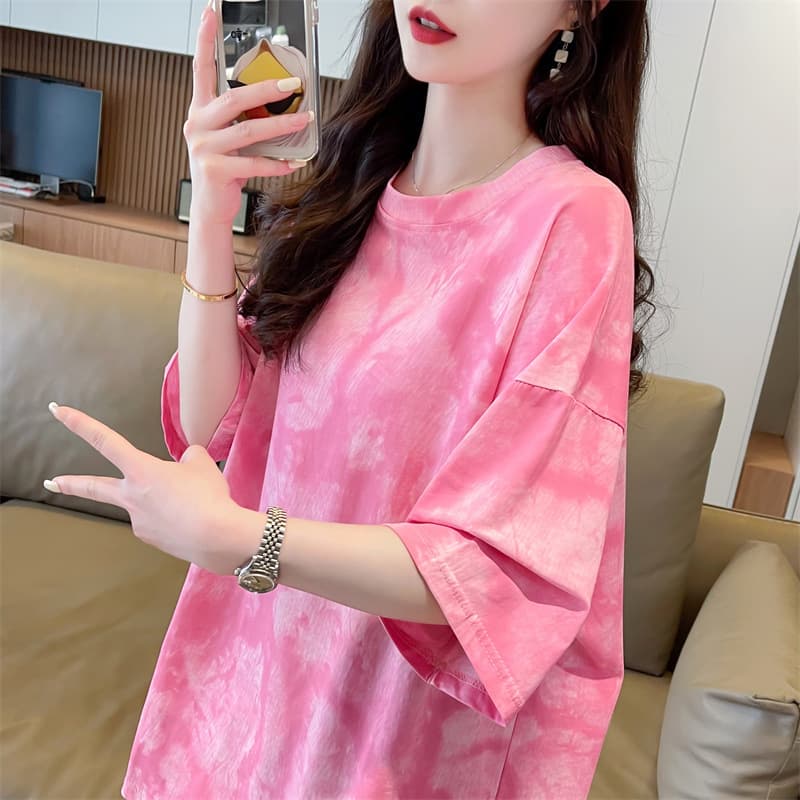 Mid-Length Tunic T-Shirt for Women, Loose Fit, Plus Size, Summer New Arrival, Tie-Dye, Simple Design, Trendy for Curvy Figures