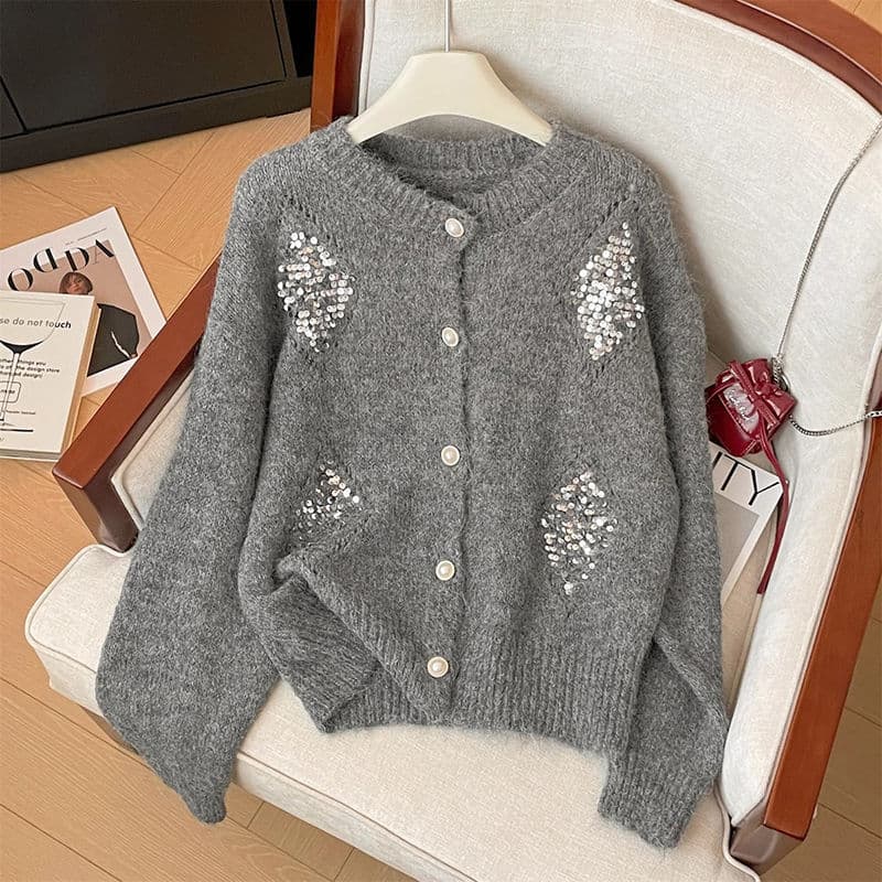High-Quality Mohair Round Neck Diamond Sequin Knit Cardigan Women's Fashion Warm Long Sleeve Sweater Coat