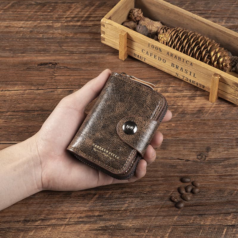 European and American Vintage Waxed Leather Men's Magnetic Snap Accordion Card Holder Large Capacity Card Case ID Wallet Coin Purse