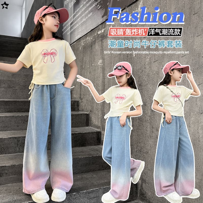 Girls' Summer Thin Pants, Fashionable Children's Summer Wear, Loose Straight-Leg Pants, Gradient Denim Wide-Leg Jeans for Older Girls