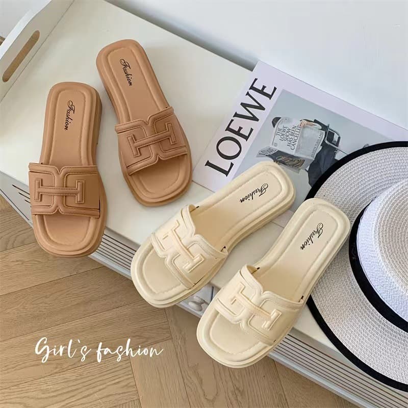 Cross-border European and American H brand flat slippers classic style one-word women's thick-soled summer fashion sandals