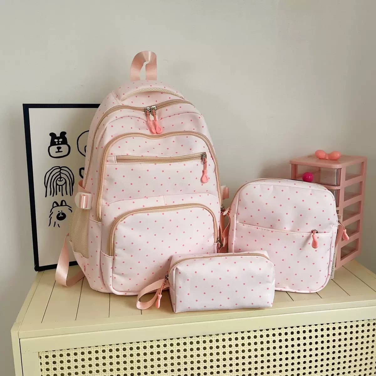 Three-piece set of ins women's backpack, Korean style polka dot print, high-looking school bag for junior and high school students, Amazon