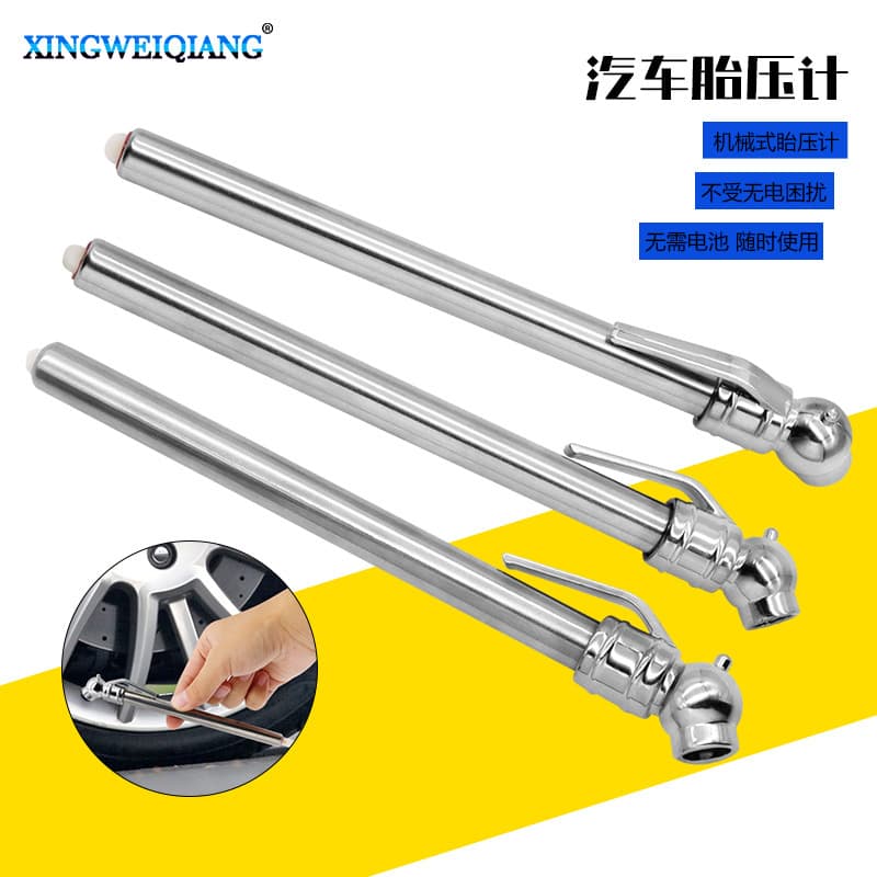 Automotive tire pressure measurement tools, portable mechanical tire pressure gauges for vehicles, no batteries required.