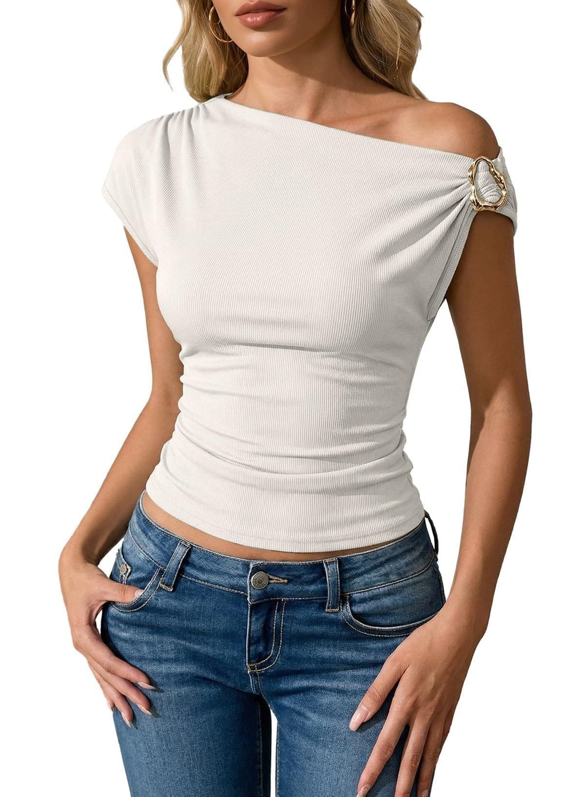 2026 Amazon US/EU Cross-Border Fashion Ribbed Slim Asymmetric Off-Shoulder Metal Button T-Shirt for Women