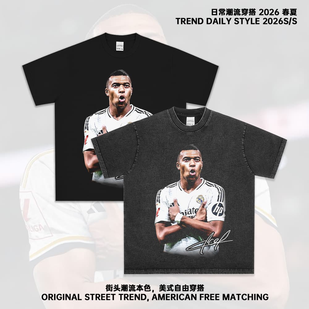 Cross-border Football T-Shirt Mbappe Washed Vintage Drop Shoulder Round Neck Loose Pure Cotton Short Sleeve