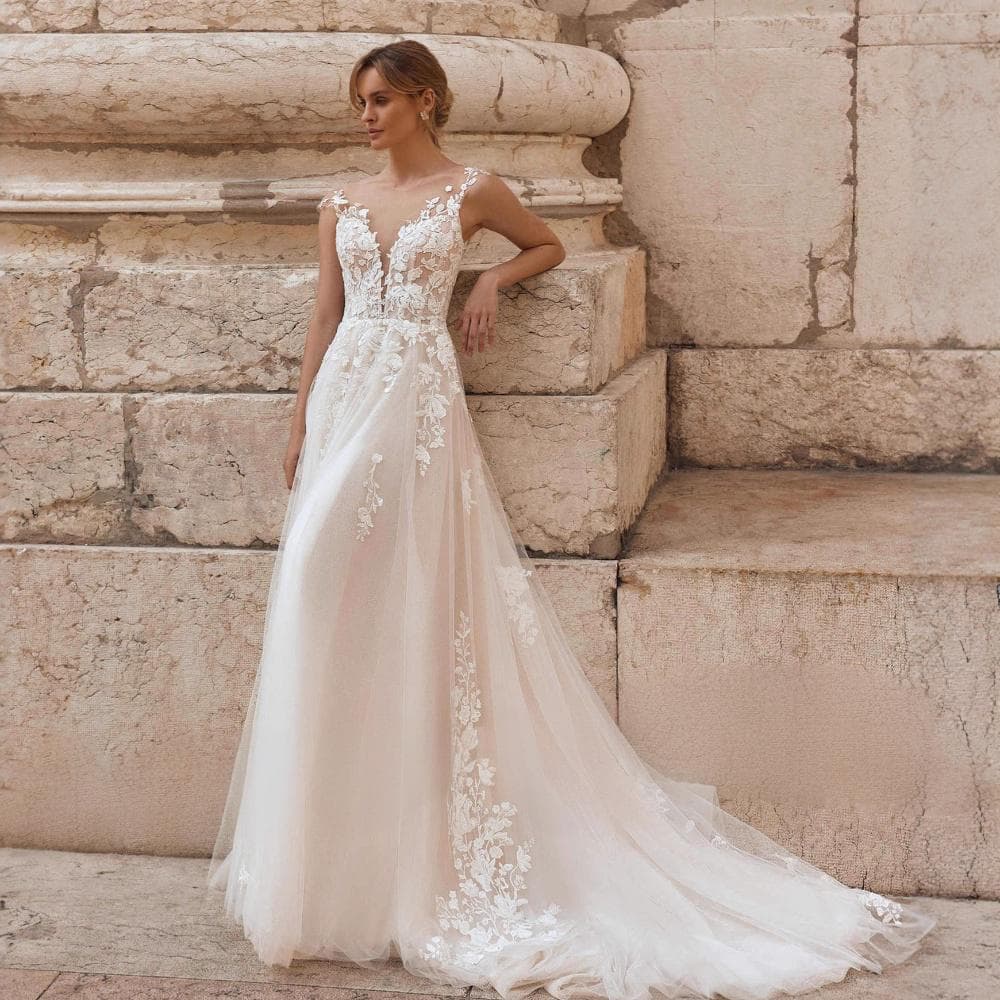 Elegant wedding dress French lace sexy deep V fluffy gauze trailing long skirt bridal street photography photo high-end