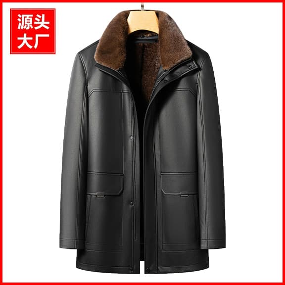 Inoboni Men's Leather Parka with Lapel Fur Coat, Suitable for Middle-Aged and Elderly, with Detachable Liner, Winter Outerwear 2398