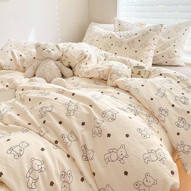 2024 New A-Class Double-Layer Washed Linen Tea Cotton Four-Piece Set (Academy Style Cartoon Series)