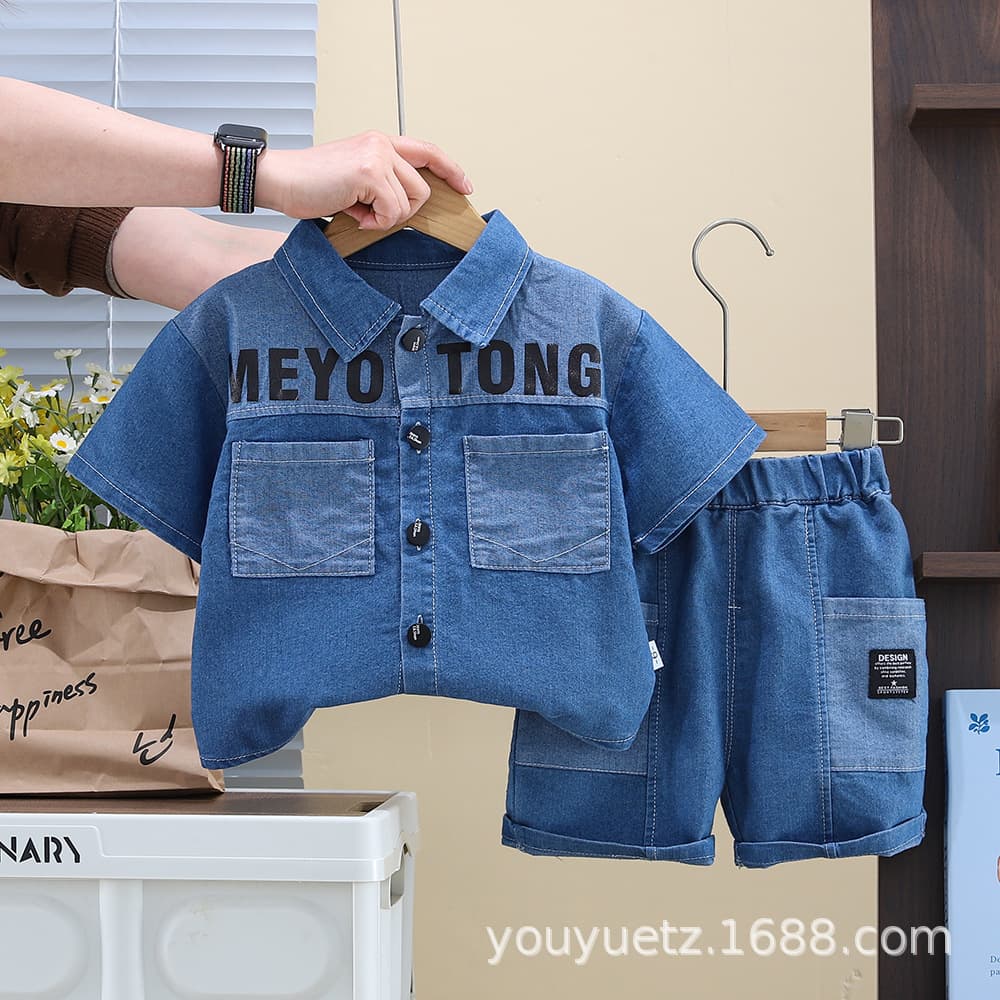 2025 New Boys Summer Set Baby Letter Denim Cardigan Short Sleeve Shorts Kids Clothing for Outdoor Wear