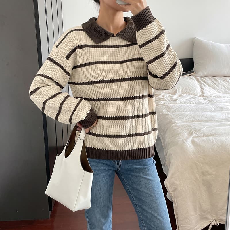 European and American Cross-border Trade Pullover Sweater Contrast Color Stripe Turn-down Collar Pullover 2026 Casual Versatile Sweater for Women