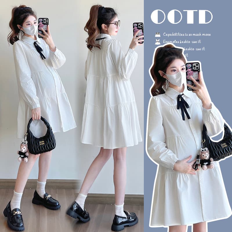 Maternity Dress 2025 Spring New Korean Style College Fashion Loose Slimming Long Sleeve Shirt Dress for Pregnant Women