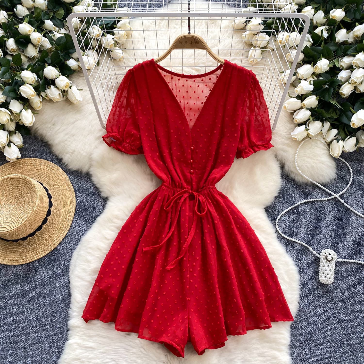 Jumpsuit Women's Seaside Holiday Beach Pants Summer New V-neck Bubble Sleeve Lace-up Waist All-match Wide-leg Shorts