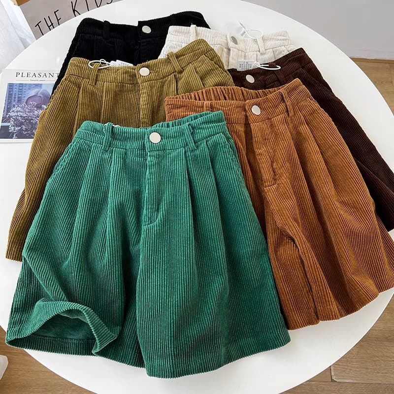 Retro Corduroy Shorts for Women, 2023 Autumn/Winter New High-Waist Slimming A-Line Pants Petite Casual Wide-Leg Pants
