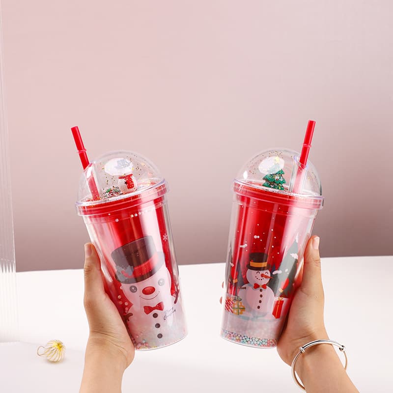 New European and American Export Double-Layer Plastic Cup, Simple Transparent Glitter Straw Cup with Double-Layer Round Lid