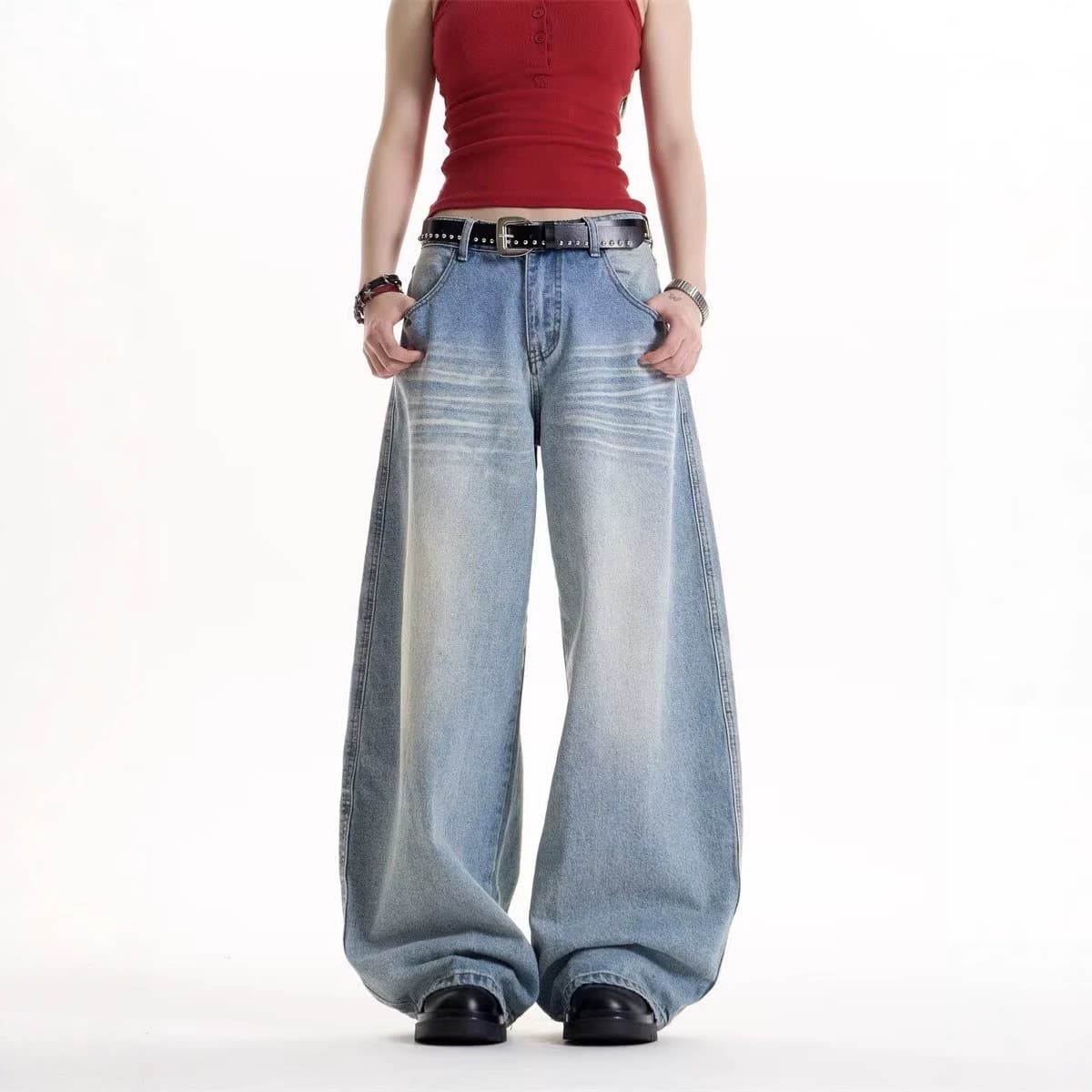 Blue washed white scimitar wide leg jeans for women high waist loose slimming drape floor mopping denim wide leg pants for women