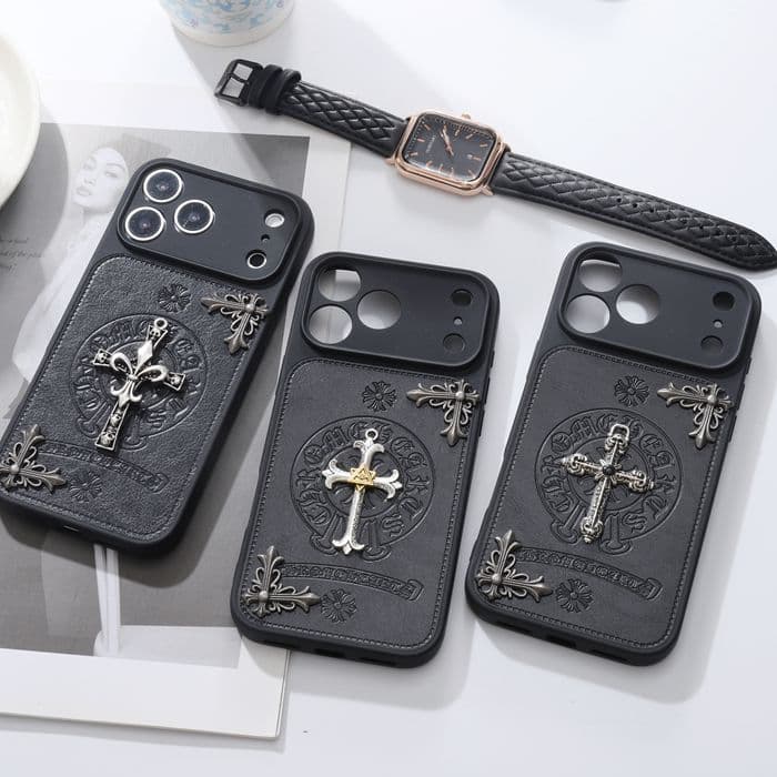 3D Chrome Hearts Leather Black Compatible Apple Phone Case 17 Pro Max Cross iPhone 15 Personalized Men