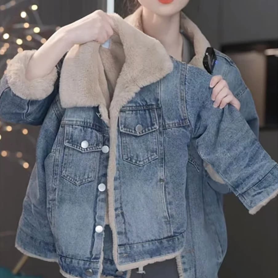 Girls' Stylish Loose Winter Fleece-Lined Denim Jacket, 2025 New Thick Top, Korean Fashion