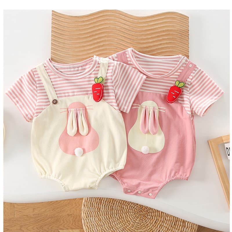 Baby Fashion Cartoon Rabbit Suspender Bodysuit Romper Summer Striped T-Shirt for Girls, Faux Two-Piece Snap Crotch Bodysuit