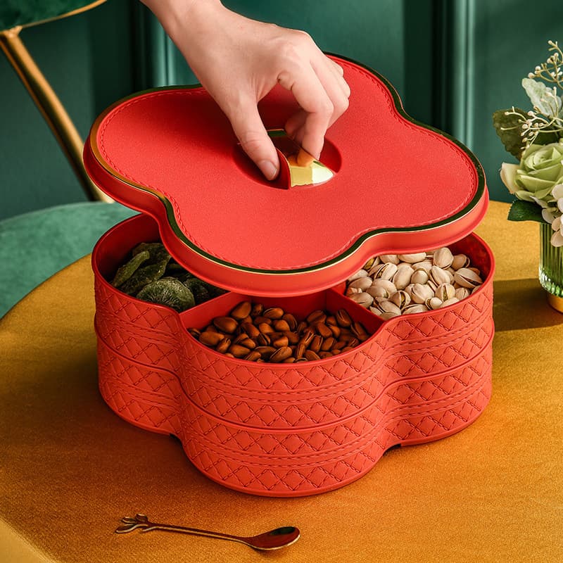 New Light Luxury Faux Leather Grain Fruit Tray Household Multi-Layer Dried Fruit Box Compartment with Lid Nut Candy Box Living Room Snack Tray