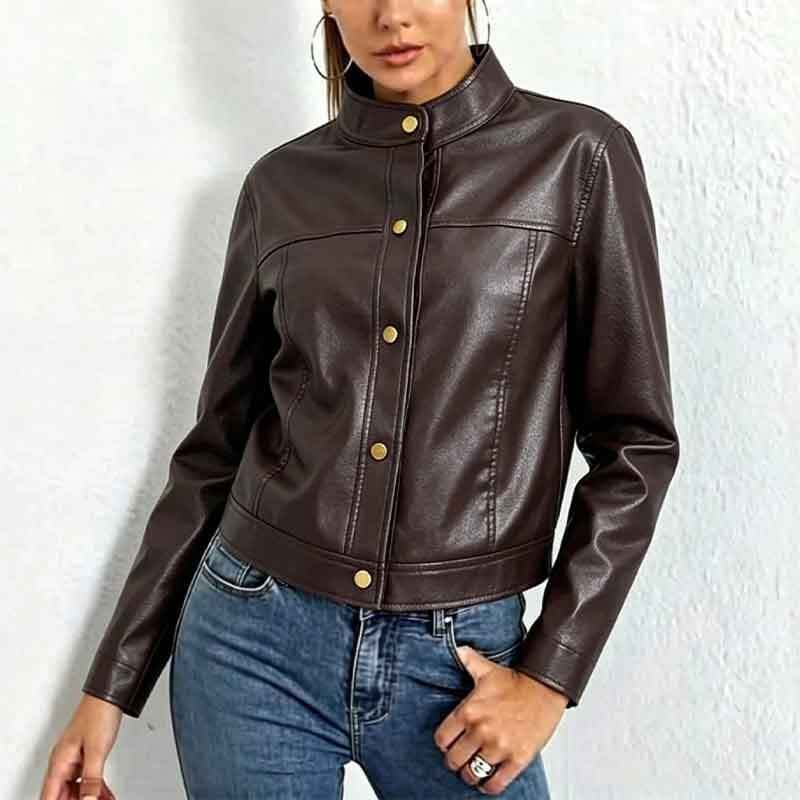 2026 Autumn Cross-Border Amazon 3 Leather Jacket Women's New Stand Collar Versatile Casual Short Top PU Wallet