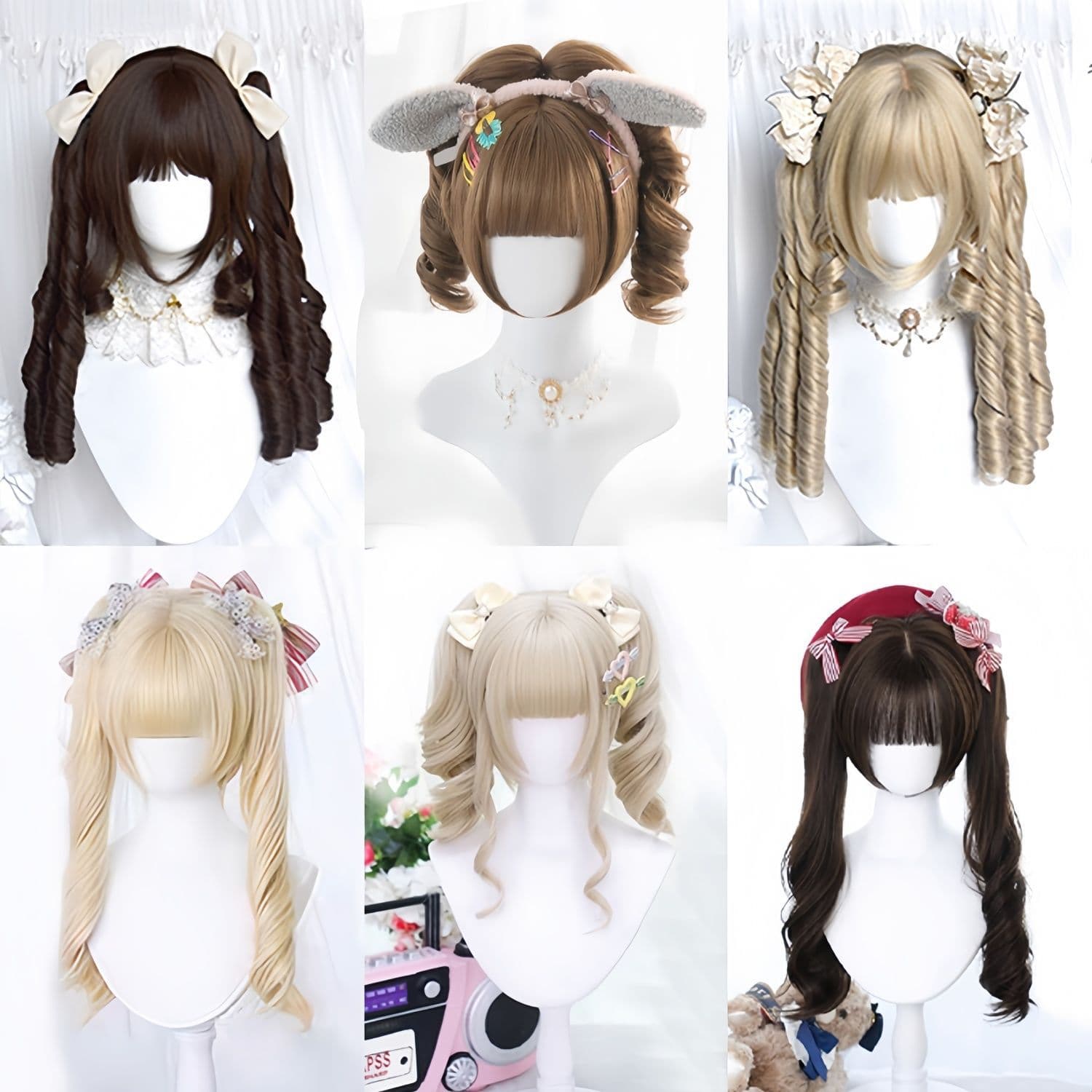 Wig female natural age reduction double ponytail tiger mouth clip Roman roll lolita double ponytail daily curly hair short hair small curls