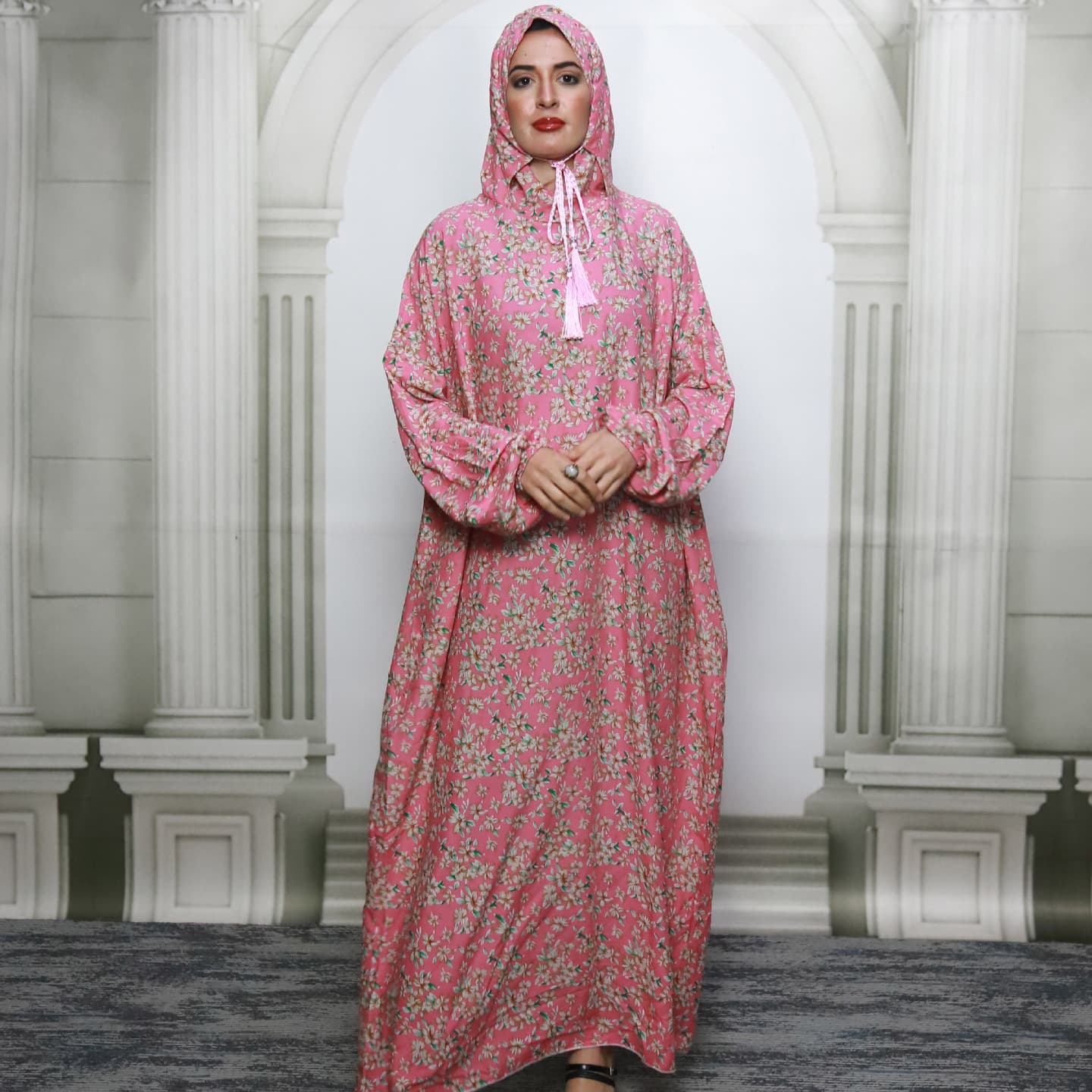 Large size pink flower double hood tassel drawstring prayer robe women's loose slim dress cross-border fashion prayer clothing