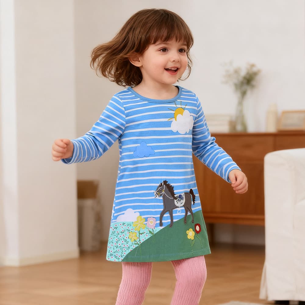 Amazon European and American Girls' Long Sleeve Striped Princess Dress Cartoon Embroidered Girl Dress
