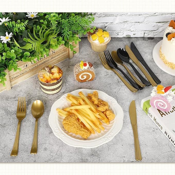 Factory Direct Cross-Border Disposable Plastic PS Black Gold Knife Fork Spoon Cutlery Set Graduation Party Cutlery