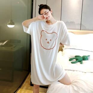 Summer New Lightweight Nightgown Bear Internet Celebrity Loose Plus Size Pajamas Women Mid-Length Loungewear Sleepwear Short Sleeve Dress