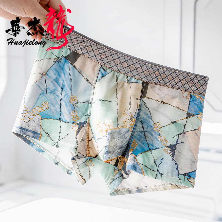 Hua Jie Long Thin Printed Ice Silk Men's Underwear Wholesale Mid-Rise Men's Plus Size Breathable Men's Boxer Briefs Drop Shipping Available