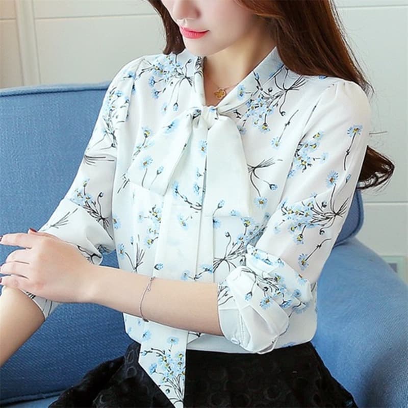 Chic Chiffon Shirt Women Long Sleeve New Spring/Autumn Loose Fashion Versatile Bow Print Concealing Belly Top