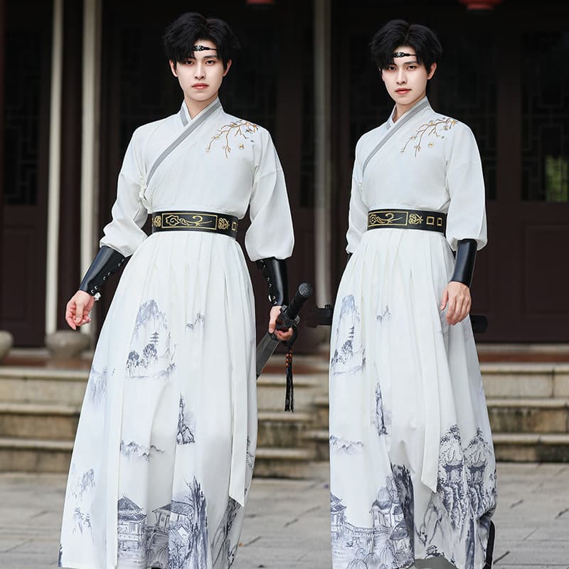 Chinese style plus-size men's ancient style plum blossom ink painting scholar, young master traditional Hanfu set ethnic style ethereal ancient attire.
