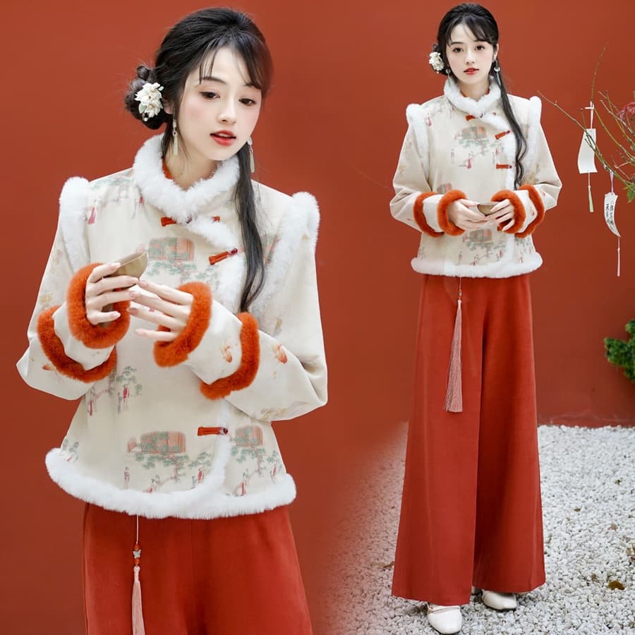 Original In Stock New Chinese Style National Suede Fleece Lined Warm Retro Top Vest Wide-leg Pants Koi