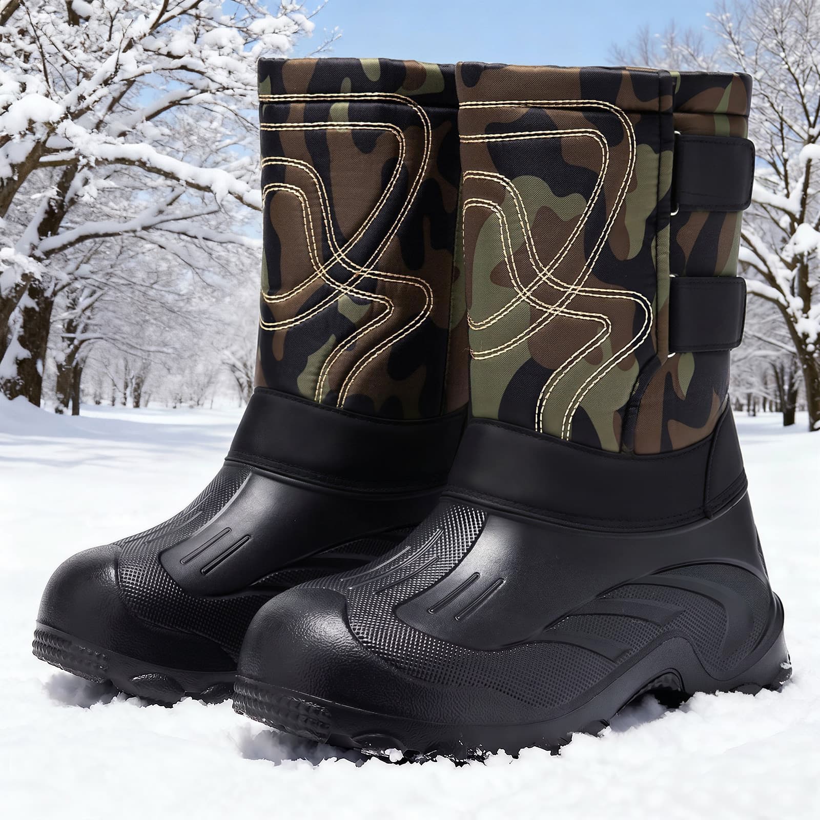 Cross-border Winter Men's Snow Boots, Thickened Fleece-Lined Warm Snow Boots, Velcro Mid-Top Outdoor Cold-Weather Camo Work Cotton Shoes