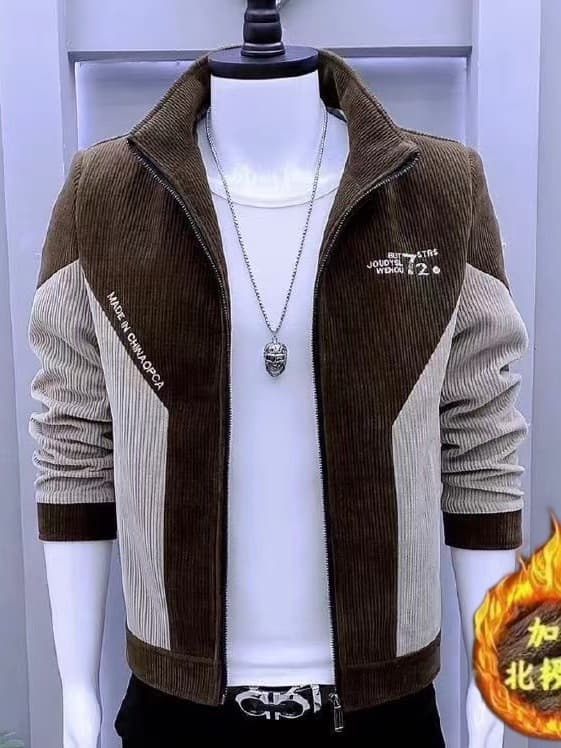 New Spring/Autumn Jacket Korean Slim Fit Stand Collar Patchwork Thickened Corduroy Coat Men's Fashion Casual