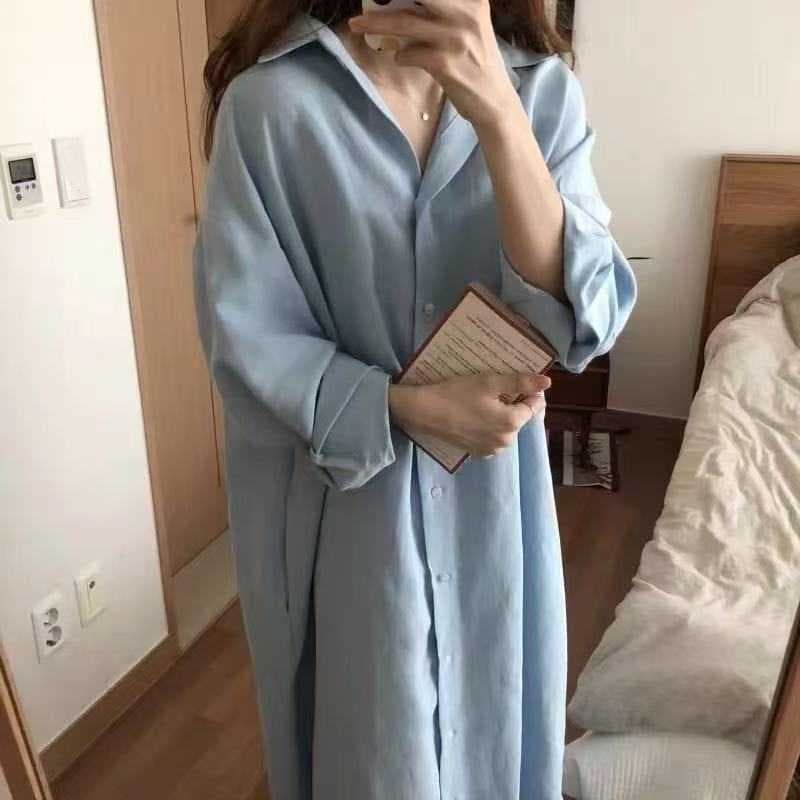 Pol Collared Single-Breasted Multi-Button Slit Long Dress 2026 New Loose Cotton-Linen Shirt Dress Long Sleeve Plus Size