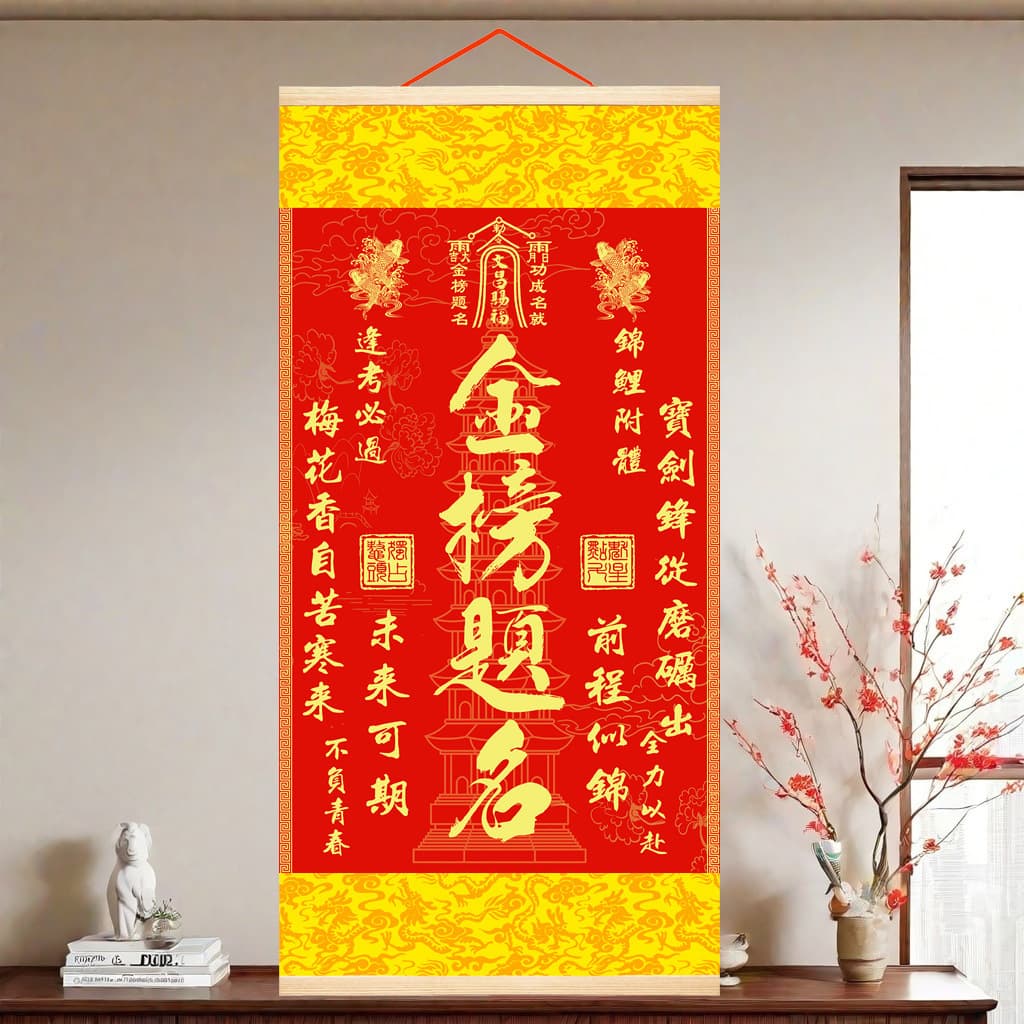 Teacher Recommended Top Scholar Heavenly Official Blessings Carp Leaping Dragon Gate Wenchang Pagoda Hanging Painting Home Tribute Satin Upgraded Version