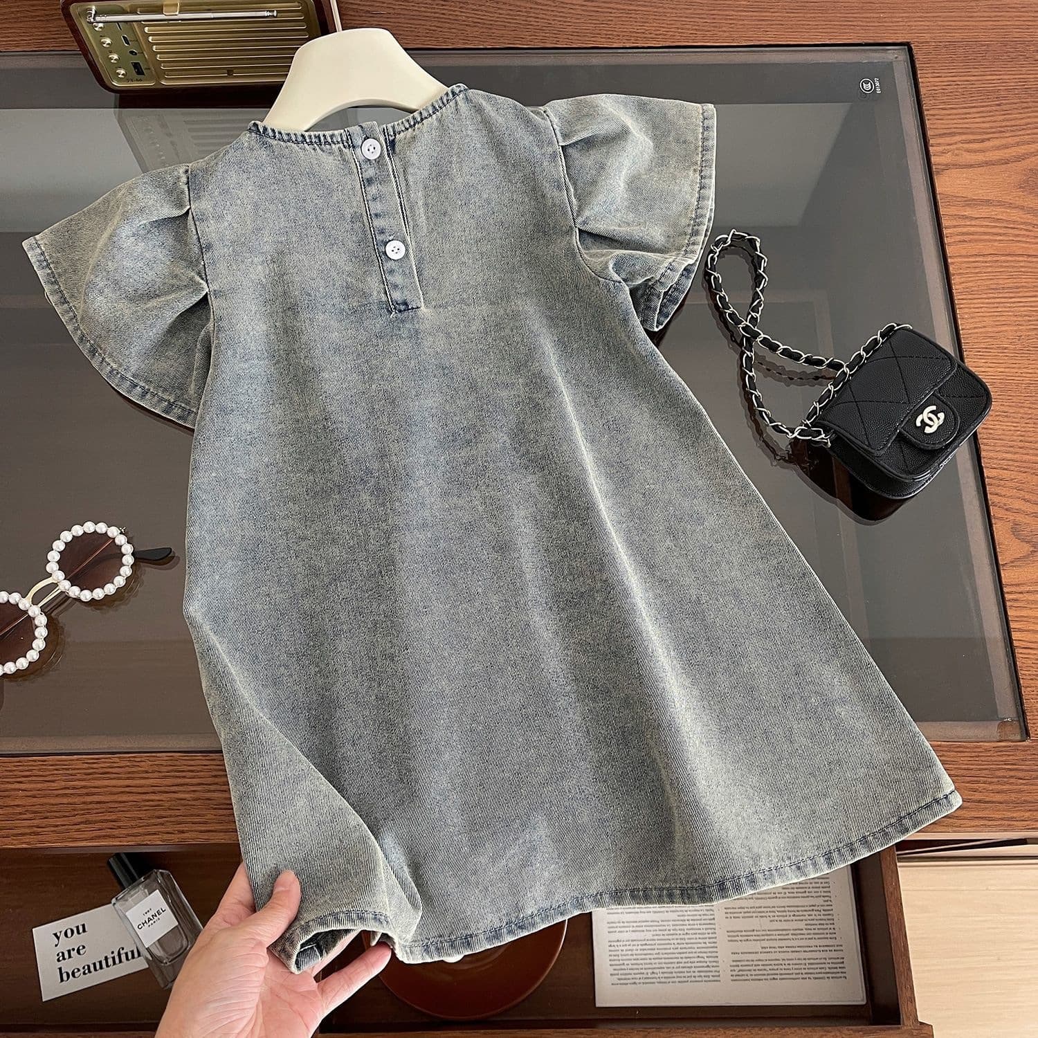 Girls Denim Dress with Small Flutter Sleeves, Fashionable Princess Style, Light and Fresh, for Toddler and Young Girls
