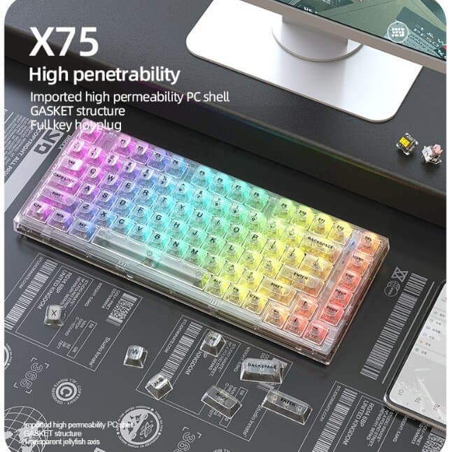 Xinmeng X75 Wired Mechanical Keyboard Transparent Custom RGB Office Gaming Gasket Structure Mechanical Keyboard