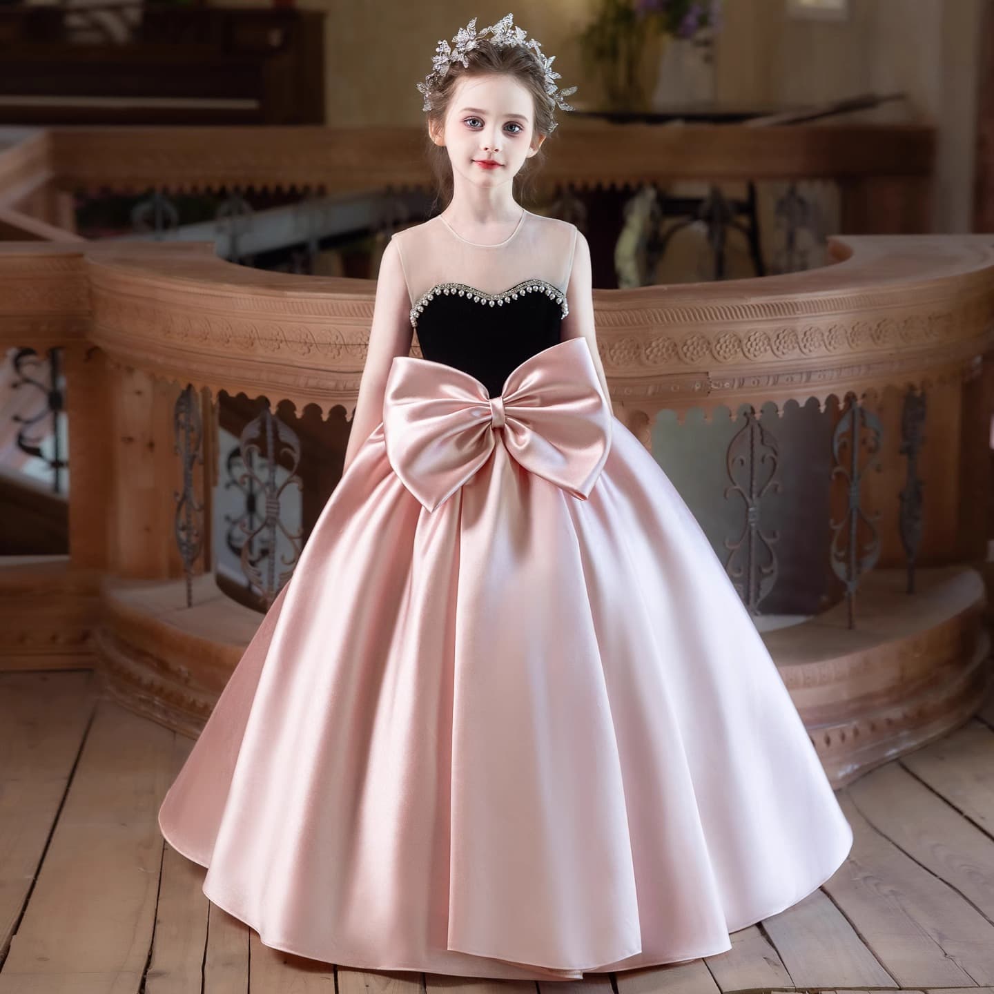 Girls Formal Dress French Model Catwalk Birthday Princess Dress Children Host Pink Satin Piano Performance Outfit