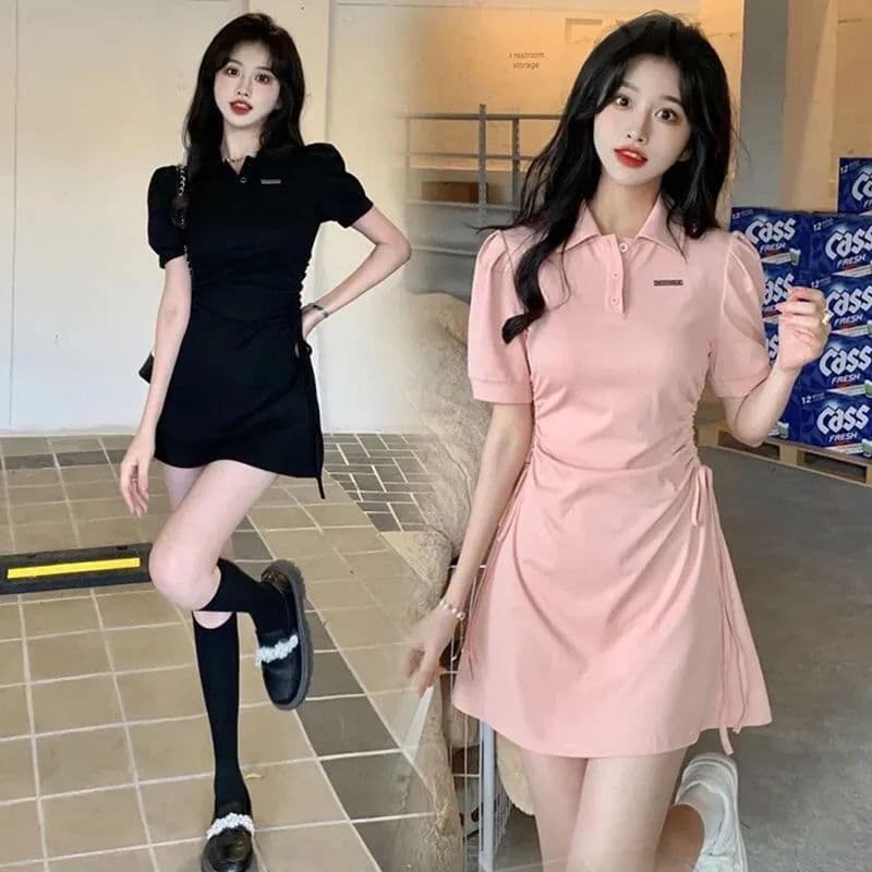 Sweet and Spicy Skirt Pink Shirt Dress Women's Collar Puff Sleeve Dress Summer Drawstring Waist Slim Skirt
