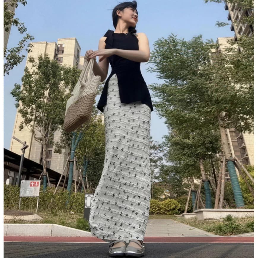 White Bow Print Skirt for Women Summer 2026 New High Waist Slim Fit Petite Fishtail Skirt A-Line Skirt
