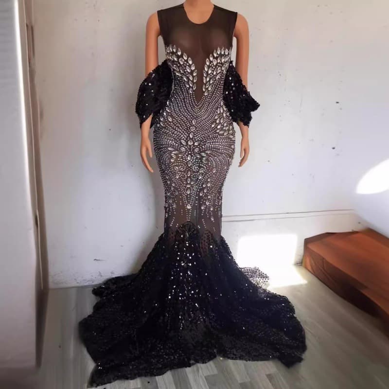 Stage Costume Nightclub Bar Women Full Diamond Sequins Cannon Print Trailing Long Dress Stage Host Dress