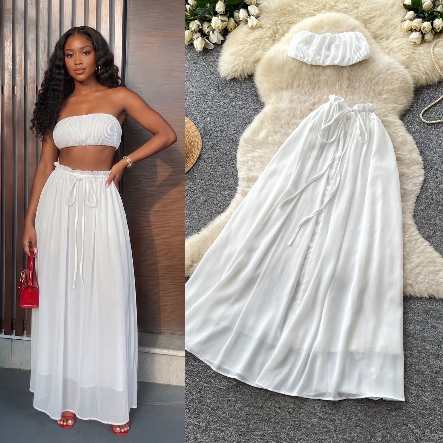 Gentle Commute Style Halter Top Skirt Set for Women Summer Korean Vacation Slimming Two-Piece Casual Suit