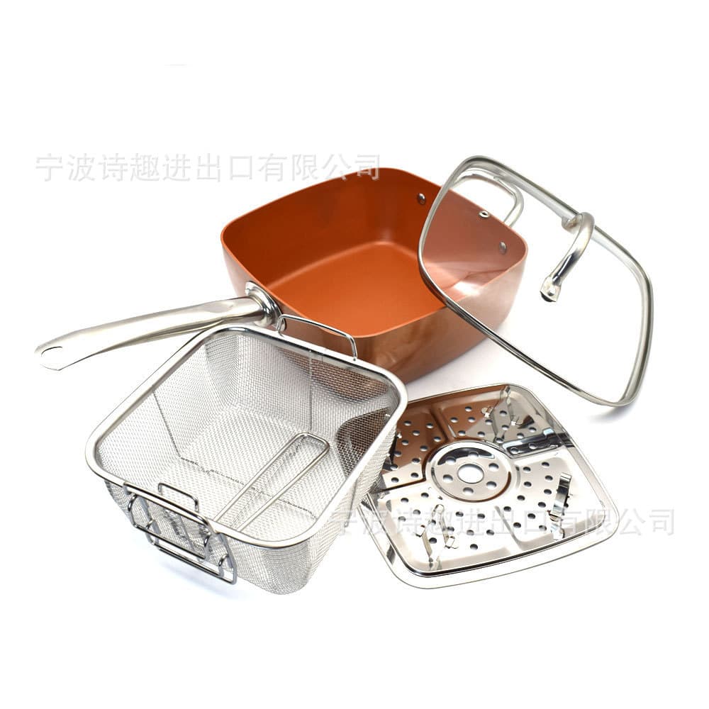 Copper Pan Non-Stick Square Pot Four-Piece Set with Fry Basket, Mesh Basket, Steaming Rack, Square Frypan