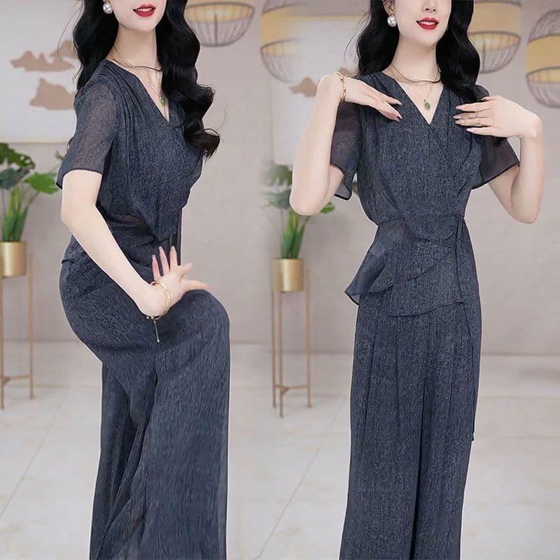 Elegant and Fashionable Women's Suit 2026 New Summer Stylish Age-Reducing Slimming Top and Wide-Leg Pants Two-Piece Set
