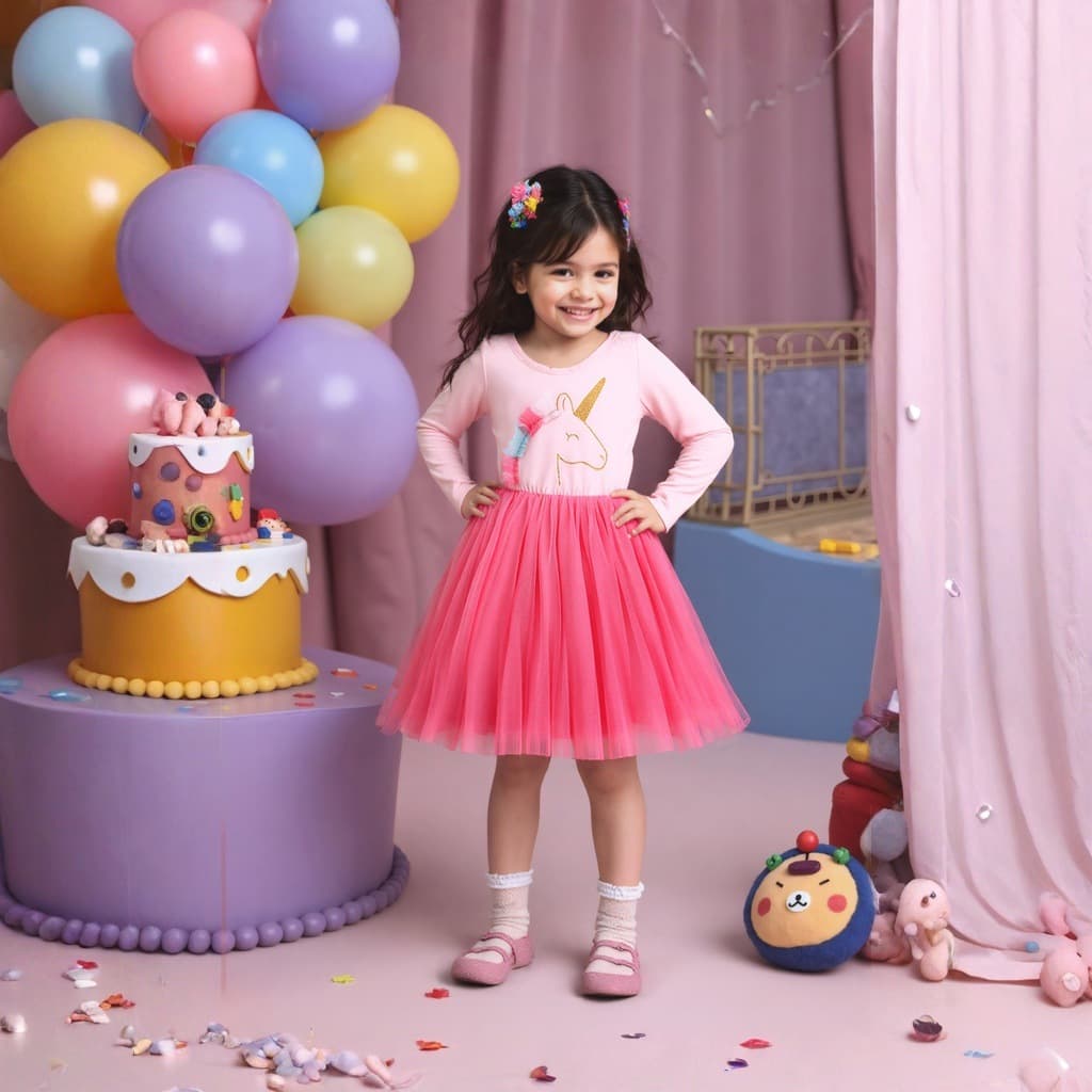 Girls Long-Sleeve Printed Cartoon Knit Dress Pink Tulle Princess Dress Children's Clothing for Ages 3-8