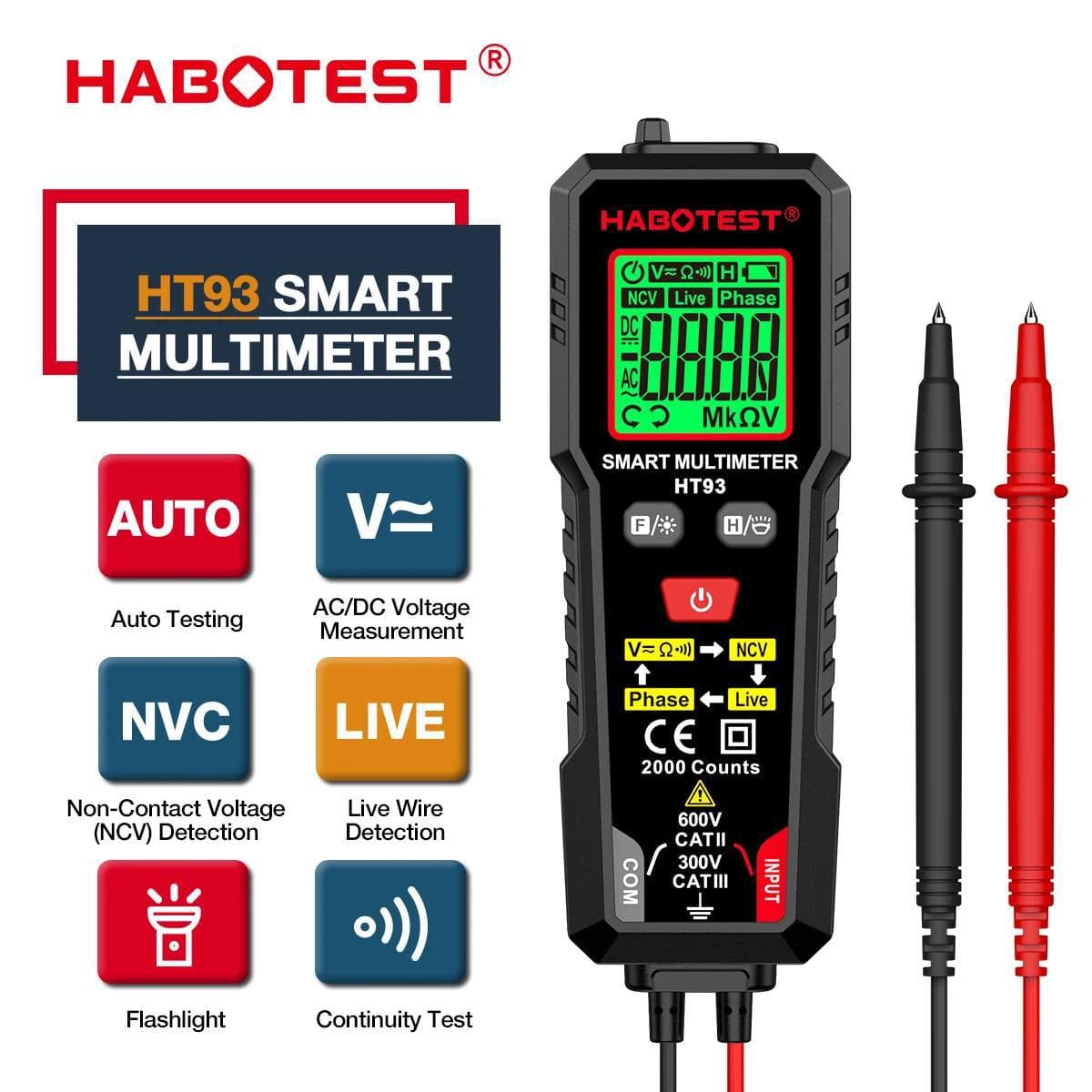 Huabo HT93 digital multimeter intelligent anti-burn electrician maintenance multi-function small digital display intelligent multimeter